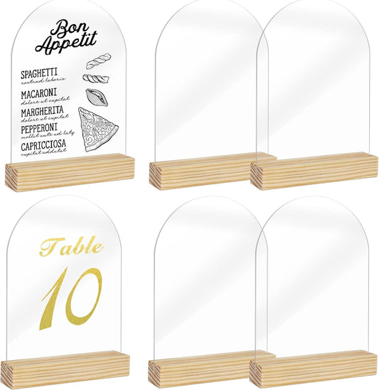 Clear Acrylic Sign with Wooden Stand Table Numbers DIY, 10 Pack Acrylic Sheets Table Signs for Wedding, 5x7 Inch Arch Signs Blank for Restaurant Party Bridal Shower (No printing included)