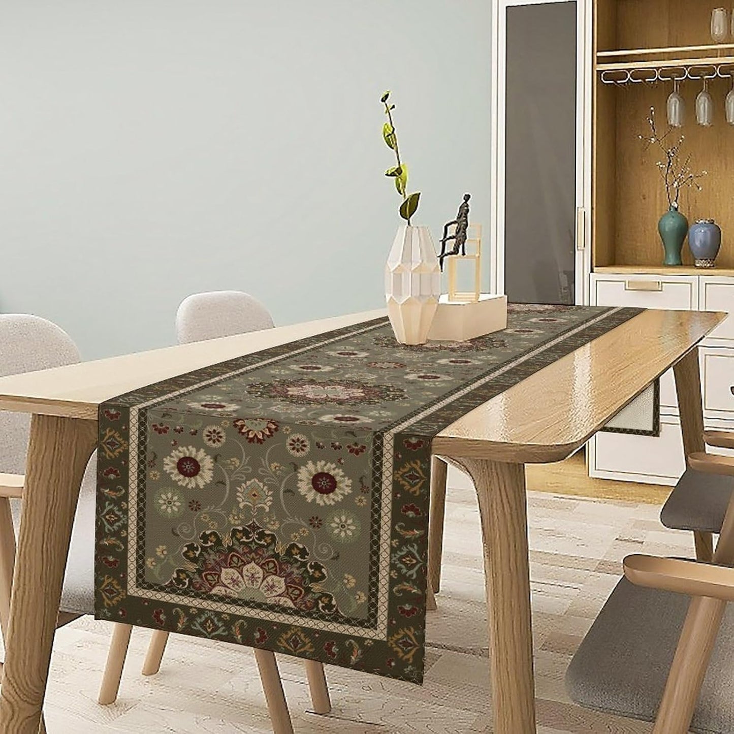 Vintage Paisley Floral Table Runner, Brown Boho Rustic Farmhouse Flower Pattern for Home Kitchen Table Decor Dining Coffee Room Party Decor 13x108in