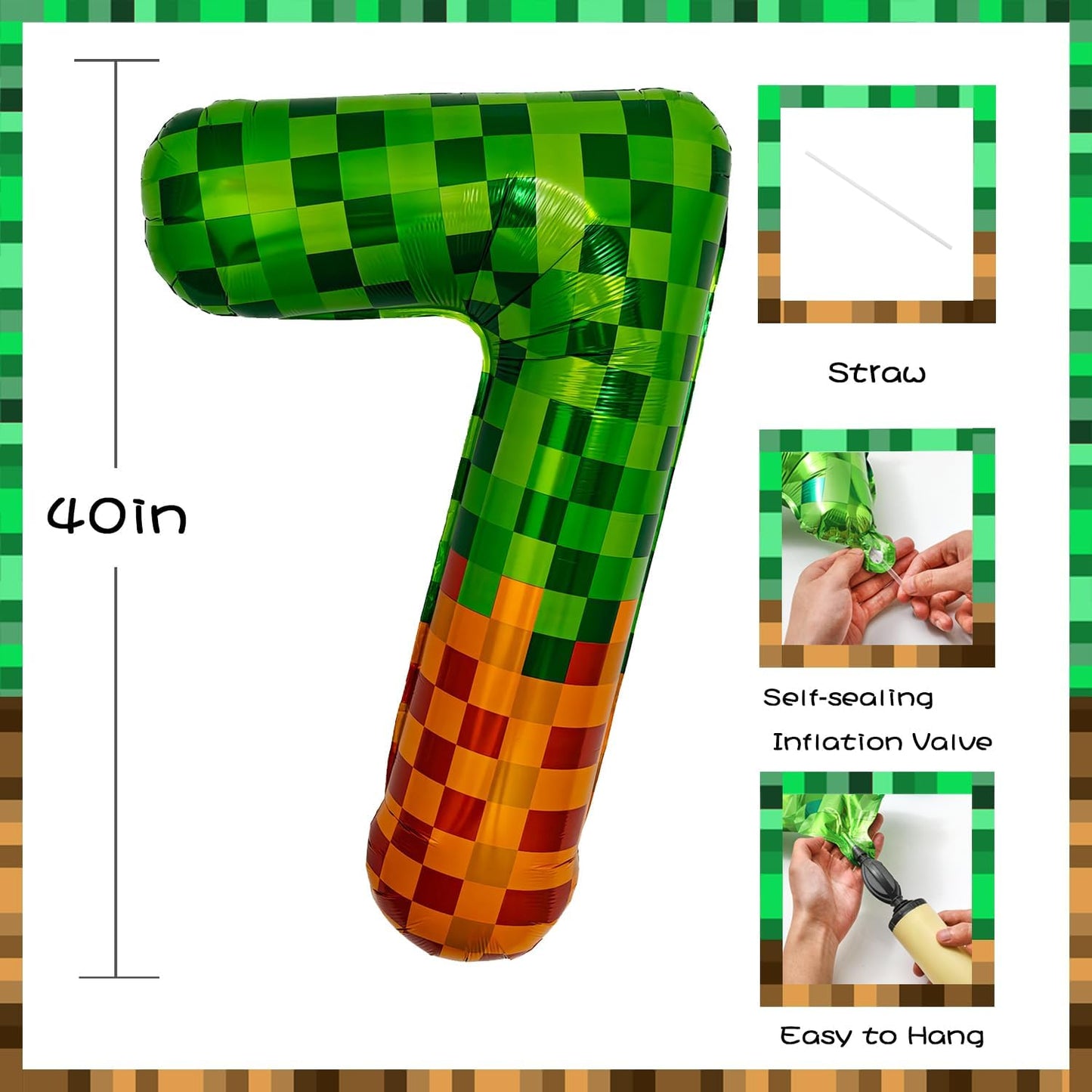 Pixel & TNT Theme 40in Giant Number Balloons - Foil Mylar Birthday Party Decorations for Kids Adults Cumpleaños, Block Style Pixel Art Shape Balloon Decor Supplies (Pixel, Number 7)