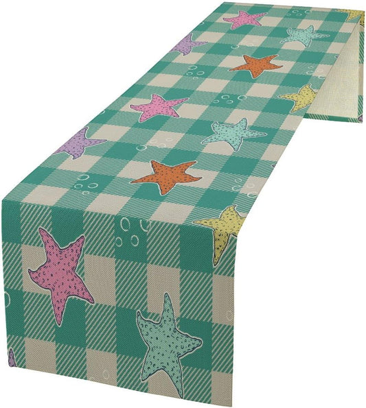 Starfish Plaid Table Flag Green Plaid and Marine Life Starfish Kitchen Table Flag Suitable for Birthday Party Restaurant Decoration Outdoor Picnic 13 * 108 Inch