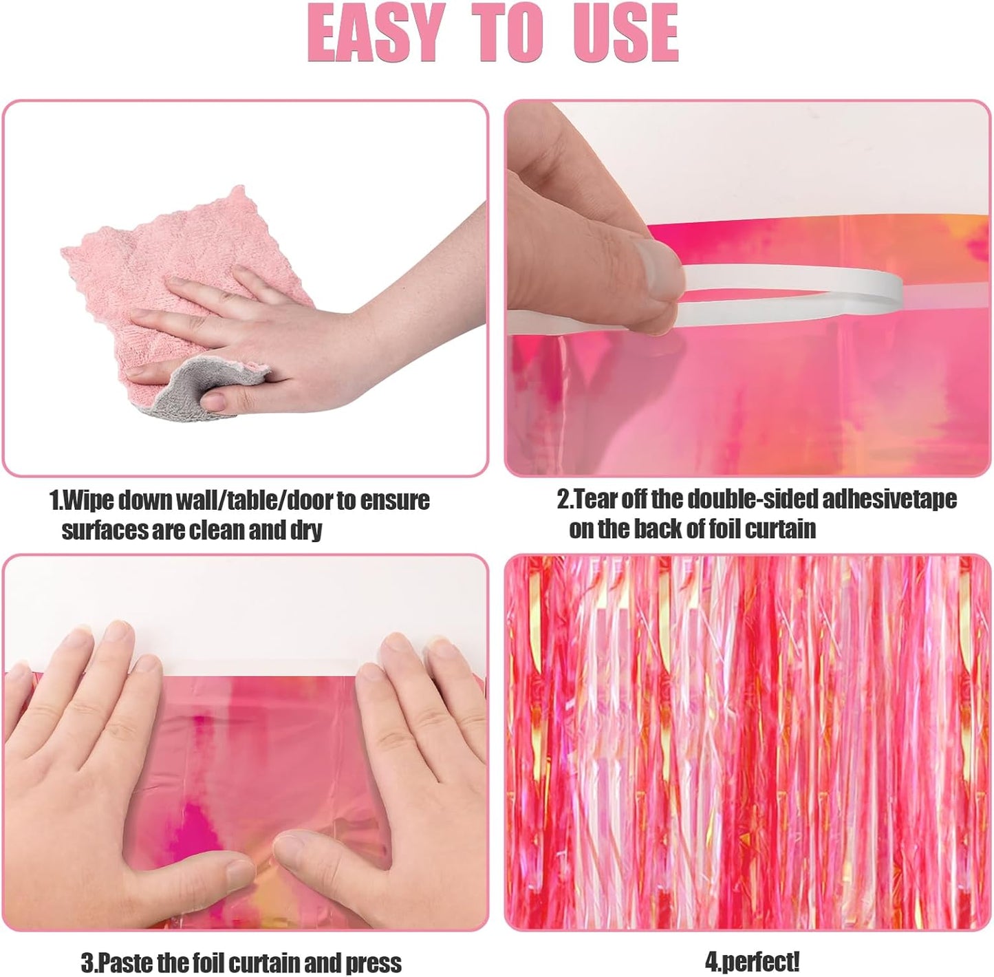 CANREVEL 2 Pack 3.2x6.5 Feet Iridescent Foil Fringe Backdrop Curtains, Clear Pink Tinsel Photo Booth Props Streamers Party Decorations for Birthdays Princess Bachelorette Euphoria Theme Party