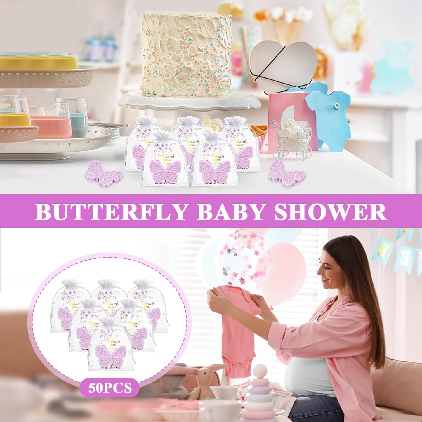 50 Sets Butterfly Baby Shower Favors for Guests Butterfly Soap Favors Handmade Scented Soap with Thank You Cards Organza Bags for Gender Reveal Baptism Decorations Wedding Bridal Gift (50, Purple)