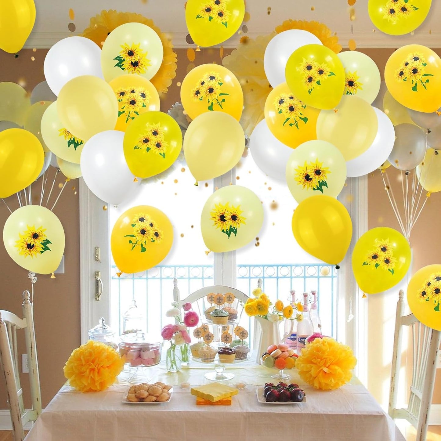 Sunflower Balloons, 12 inch Sunflower printed Balloons Yellow pastel yellow White Sunflower Balloons for Sunflower Themed Baby Shower Birthday Wedding Party Decorations Supplies