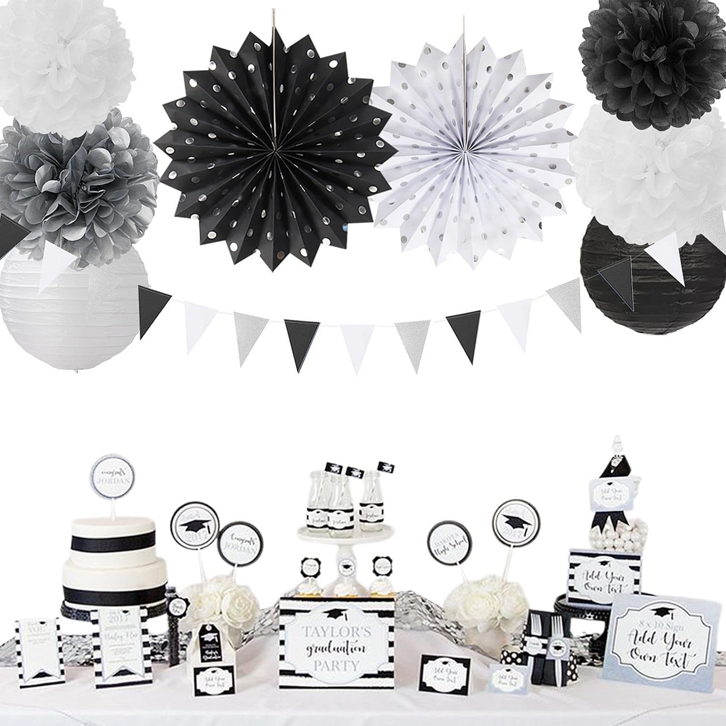 Black White Silver Party Decorations - 20pcs New Year Men Birthday Paper Lanterns Fans,Tissue Pom Poms,Honeycomb Balls,Bunting,Wedding Bachelorette Bridal Graduation Baby Decor Burgleda
