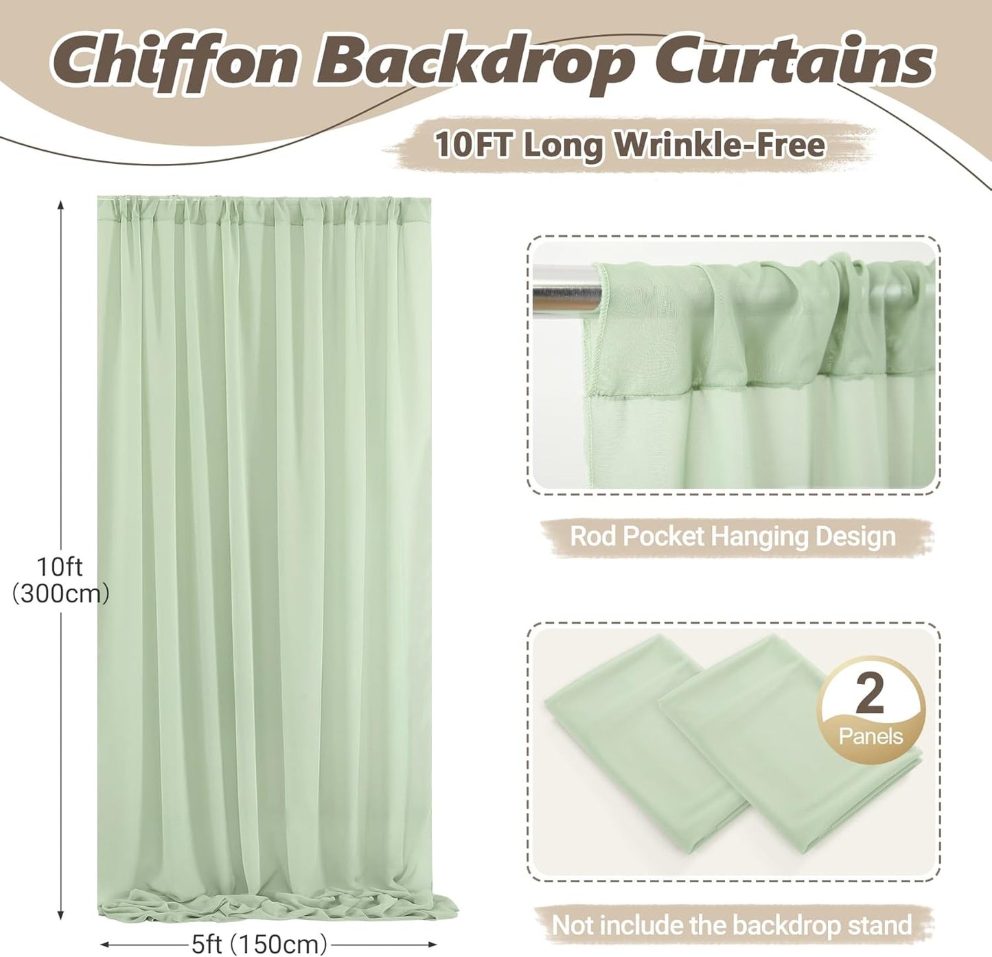 10ft x 10ft Sage Green Backdrop Curtains, Wrinkle-Free Sheer Chiffon Fabric Backdrop Drapes for Wedding Arch Party Ceremony Stage Photo Decoration