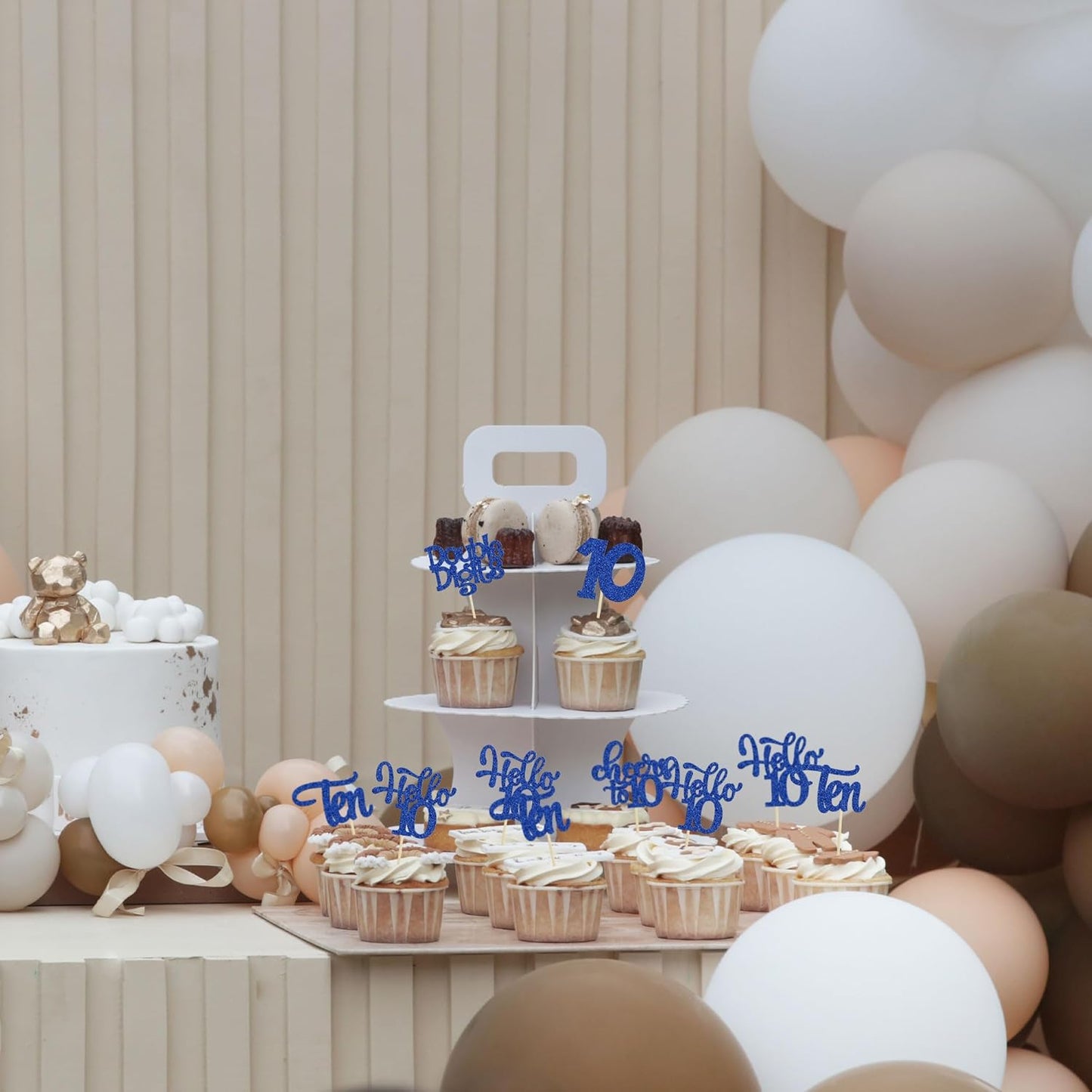 30Pcs 10th Birthday Cupcake Toppers Ten Double Hello 10 Cupcake Picks Cheers to 10 Years Old Cake Decorations for 10th Birthday Party Supplies Deep Blue Glitter