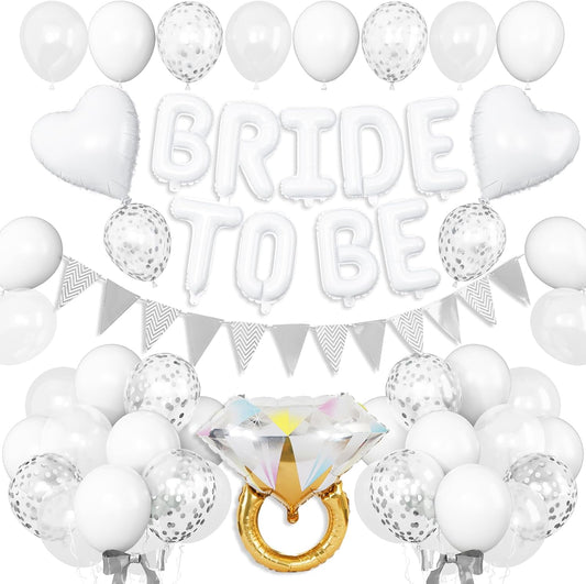 White Bachelorette Party Decorations, White Bride To Be Bridal Shower Balloons Decorations, Silver Confetti Balloon with Diamond Ring Heart Balloon for Bachelorette Engagement Wedding