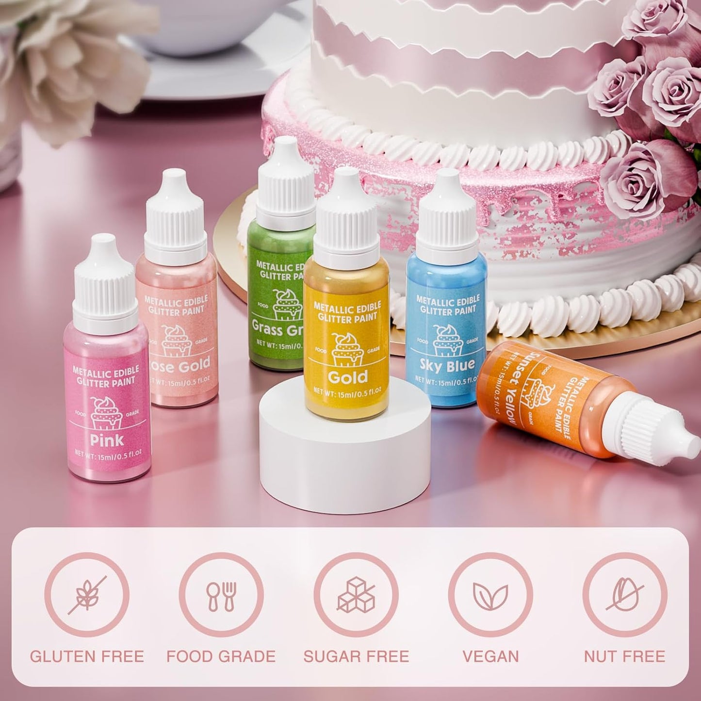 Edible Glitter Paint Set- 6 Color Food Coloring Metallic Glitter Paint for Baking, Cake Decorating - Food Grade Art Decorative Cake Paint for Cupcakes, Cookies, Fondant, Donuts, Macaron, Candy (Iridescence, 6 color)