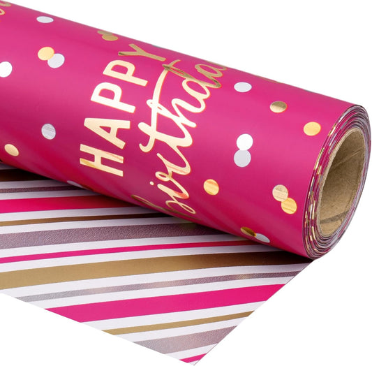 LeZakaa Reversible Pink Birthday Wrapping Paper Roll for Girls Women, Happy Birthday Lettering & Stripe Pattern with Metallic Foil in Rose Pink, Mini Roll, 17 inches x 32.8 Feet (46.45 sq.ft.)