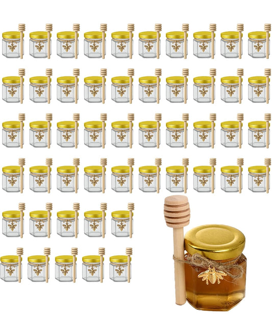 50 Pack 1.5 oz Hexagonal Honey Jars for Honey with Wooden Dipper bee Charms Thank You Cards Burlap Fabric Twine String for Baby Shower Wedding Party Favors Gifts