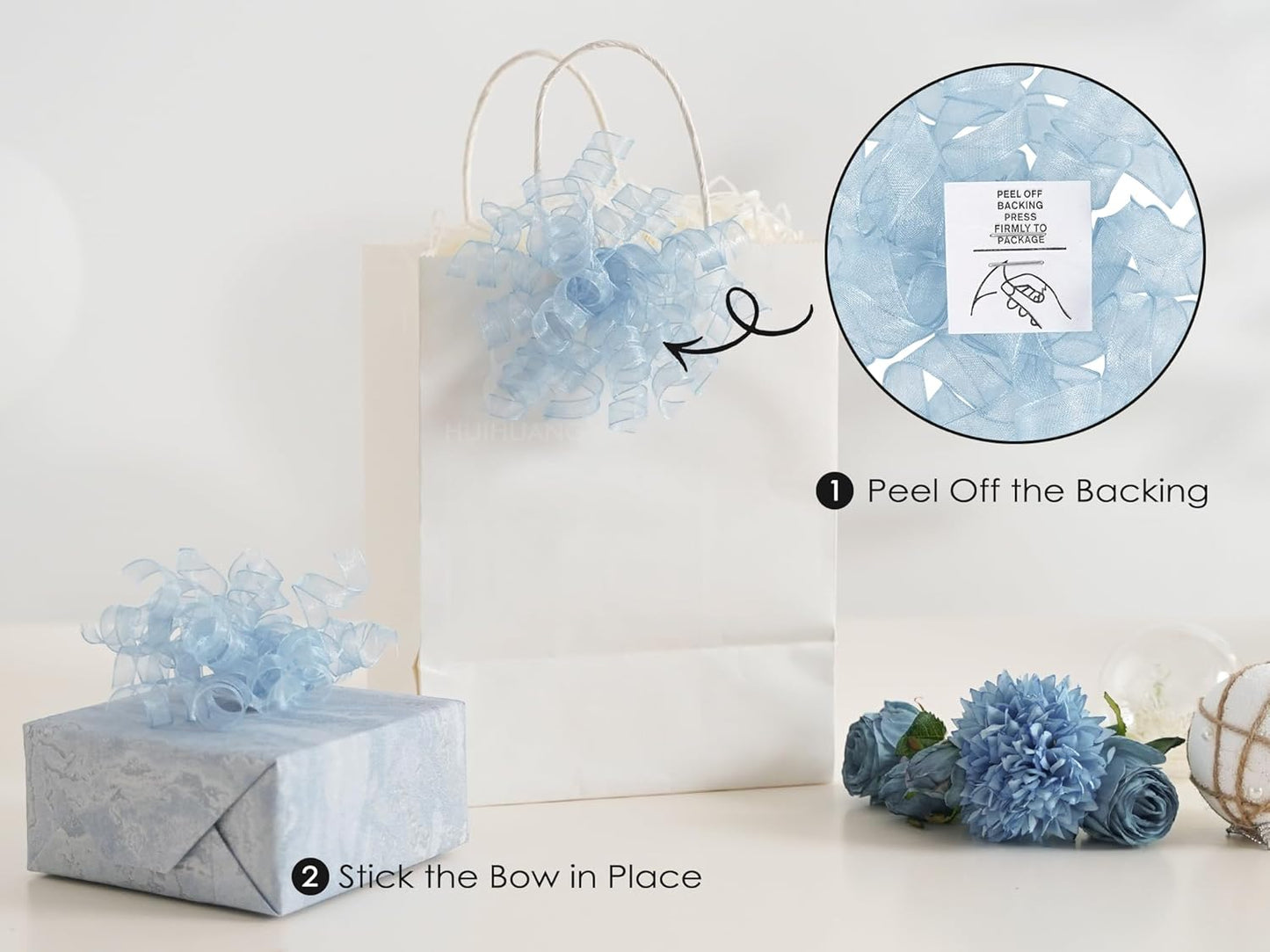 HUIHUANG Blue Bows for Gift Wrapping Burst Curly Gift Bows 5 inch x 8 Counts Self-Adhesive Curly Ribbon Bow for Presents, Treat Bags, Baby Shower Favors, Wrapping Accessories, Party Decor