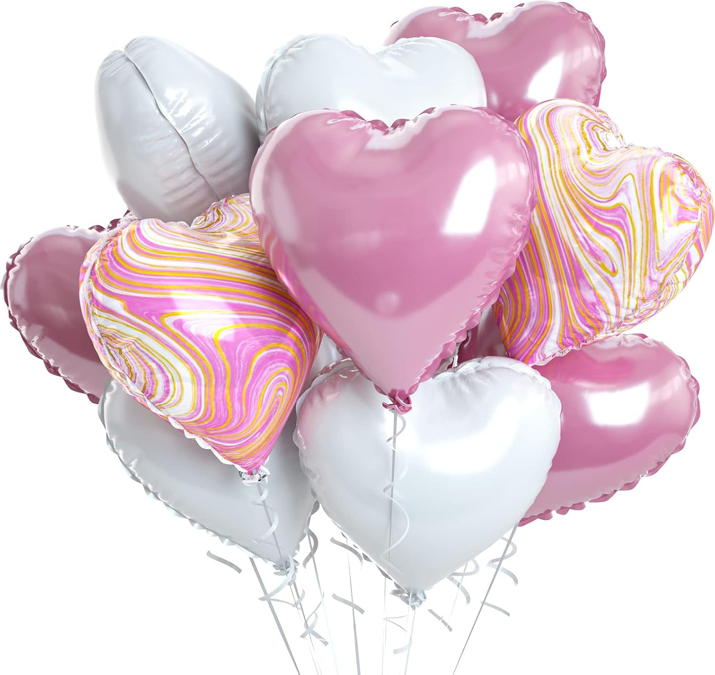 Pink White Agate Heart Shape Balloons - 10PCS Pink & White Foil Heart Balloons for Valentine's Day Decorations - 18inch