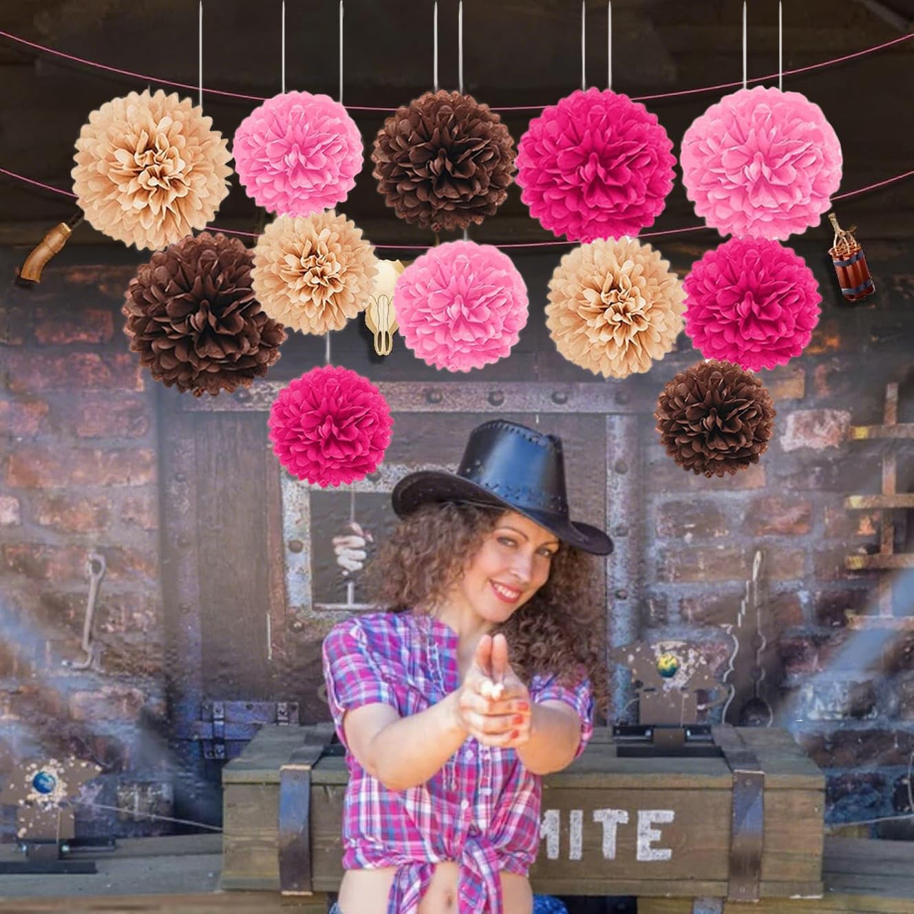 Capesaro Pink and Brown 12PCS Paper Pom Poms Party Decorations for Western Cowgirl Birthday Retro Rodeo Party, Hanging Tissue Paper Flowers for Engagement,Wedding,Baby Shower