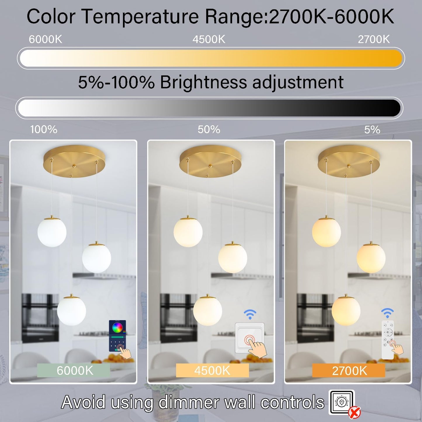 3-Lights Globe Glass Pendant Light Modern Gold White Globe Glass Chandelier Mid Century Chandelier Hanging Fixture for Kitchen Island Foyer Hallway Dining Room