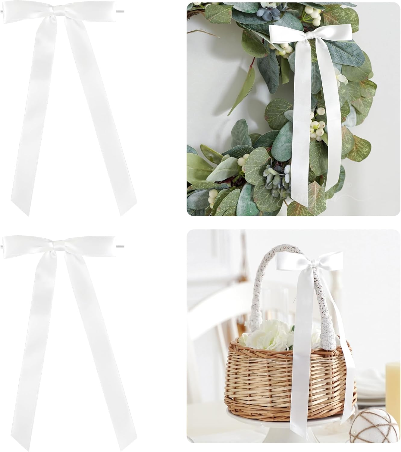 50 PCs White Bow Decor 5.5'' Satin Bows with Long Tail, Twist Tie Bows for Craft, Packaging Ribbon Bows, Premade Bows for Cake Decorating, Gift Bows for Treat, Wedding Favor, Party