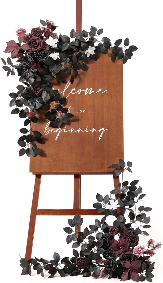 Ling's moment 2pcs Wedding Flowers Garland Artificial Floral Swag Arch Decorations Greenery Arrangements Black & Burgundy Ceremony Reception Garden Easel Wall Entryway Outdoor NOT Include Sign