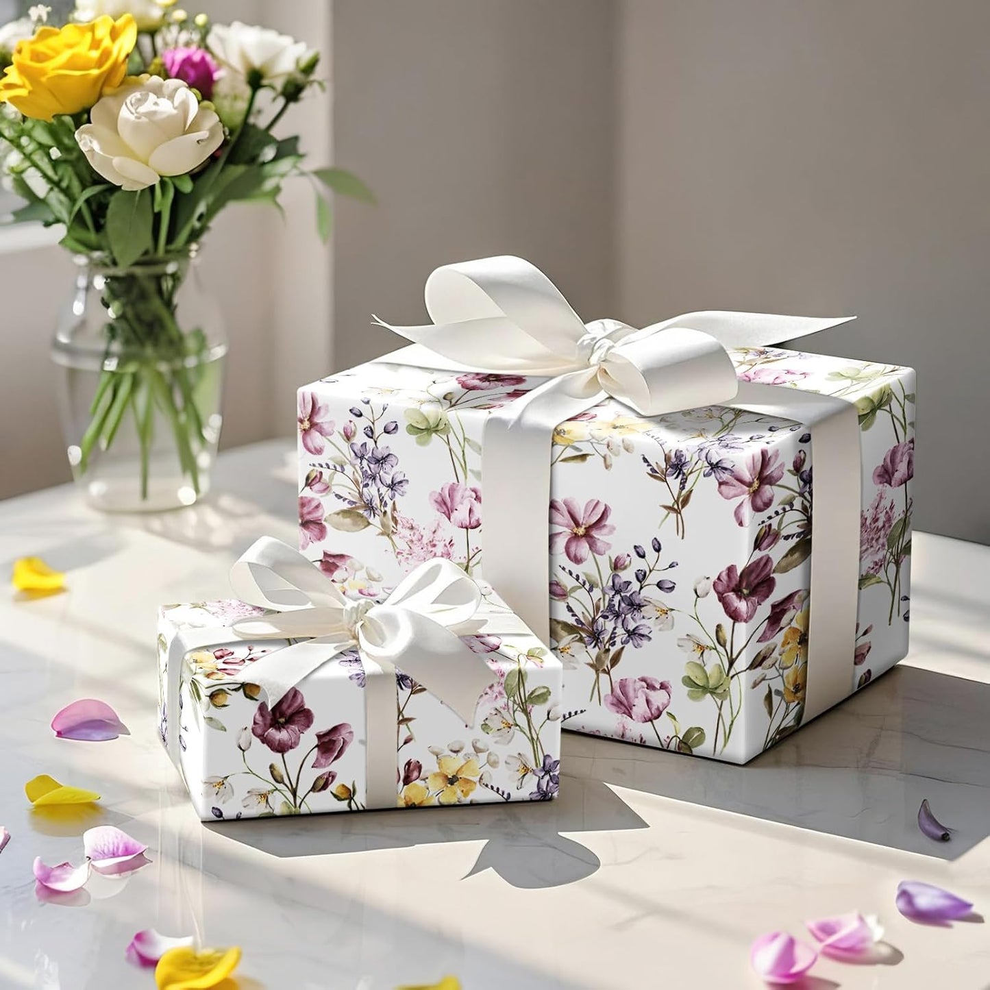 RUSPEPA Floral Wrapping Paper Roll Women Girls, Mini Roll, Watercolor Wild Flower with Delicate Leaf Gift Wrap Paper for Wedding, Birthday, Mother's Day, Spring, Bridal Shower, 17 Inch X 16.4 Feet