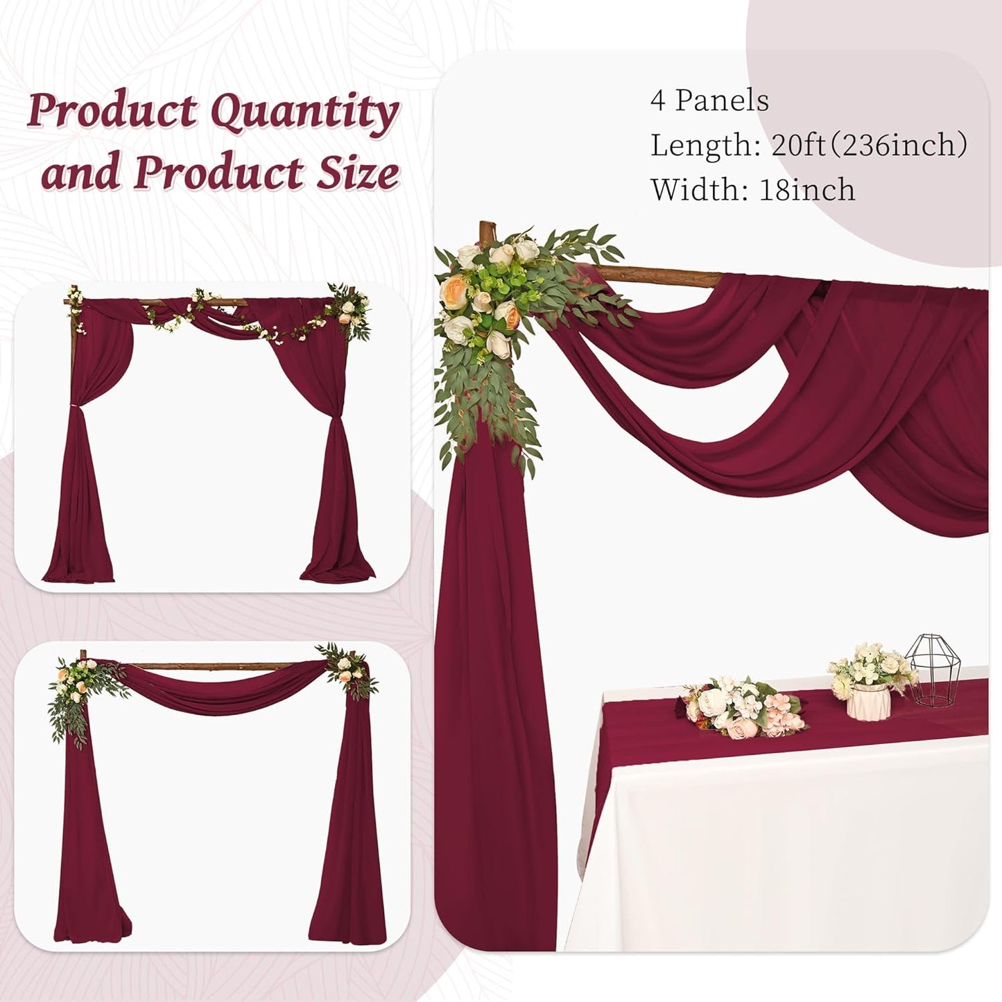 6 Panels Burgundy Wedding Arch Drapery 28" x20Ft Wedding Arch Draping Fabric Chiffon Fabric Drape Sheer Backdrop Curtain for Weddings Party Swag Ceremony Birthday Arbor Drapery Reception Ceiling Décor