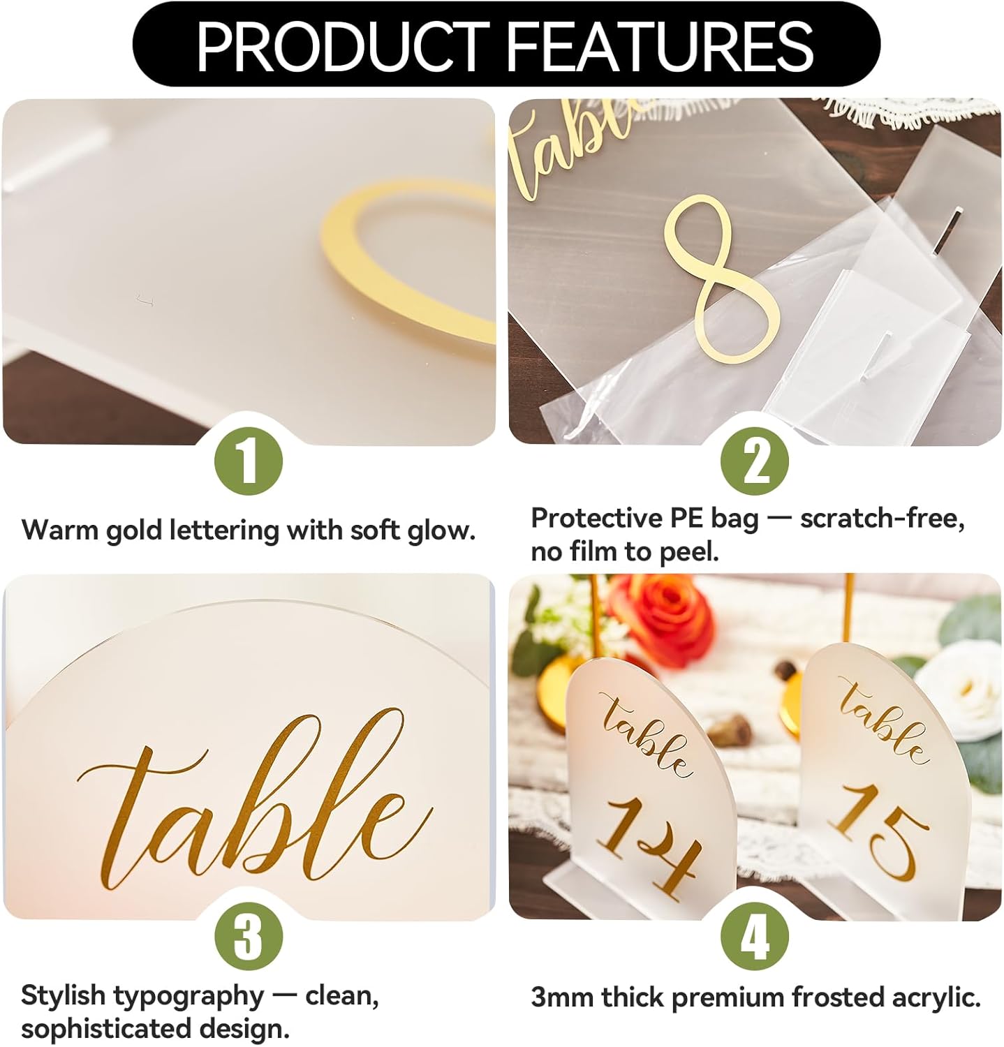 SHINVALE Arch Acrylic Wedding Table Numbers 1-15 with Gold Foil Font – Frosted Finish, Elegant Modern Design with Stands, Easy Assembly Table Signs for Weddings, Parties & Events