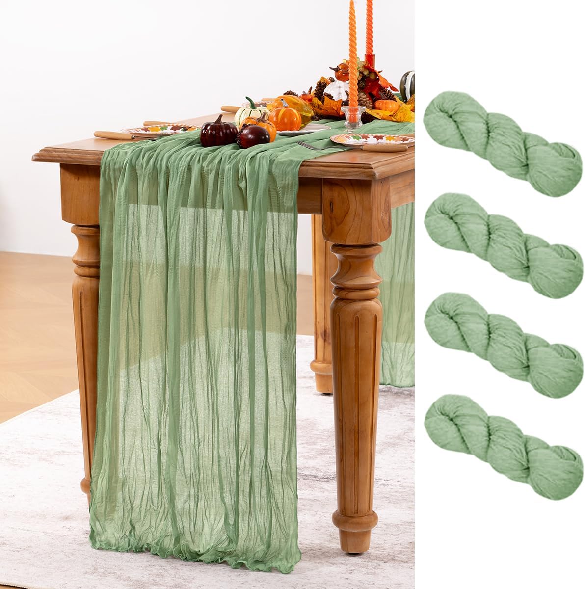 Sage Green Cheesecloth Table Runner 4 Pack Fall Table Runners Boho Gauze 120 Inches Sage Cheese Cloth Fall Table Decorations for Thanksgiving Wedding Bridal Baby Shower Tea Party