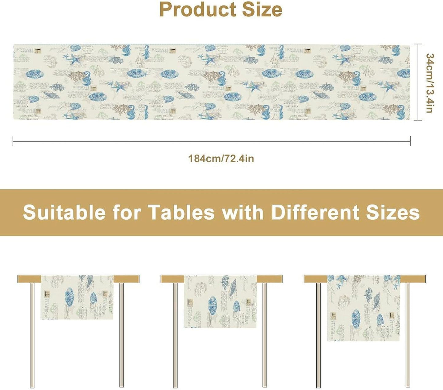 Starfish Table Runner,Vintage Nautical Seashell Tropical Beach Theme Coastal Ocean Sea Burlap for Hotel Indoors Outdoor Dining Room Kitchen Tablecloth, 13x36in