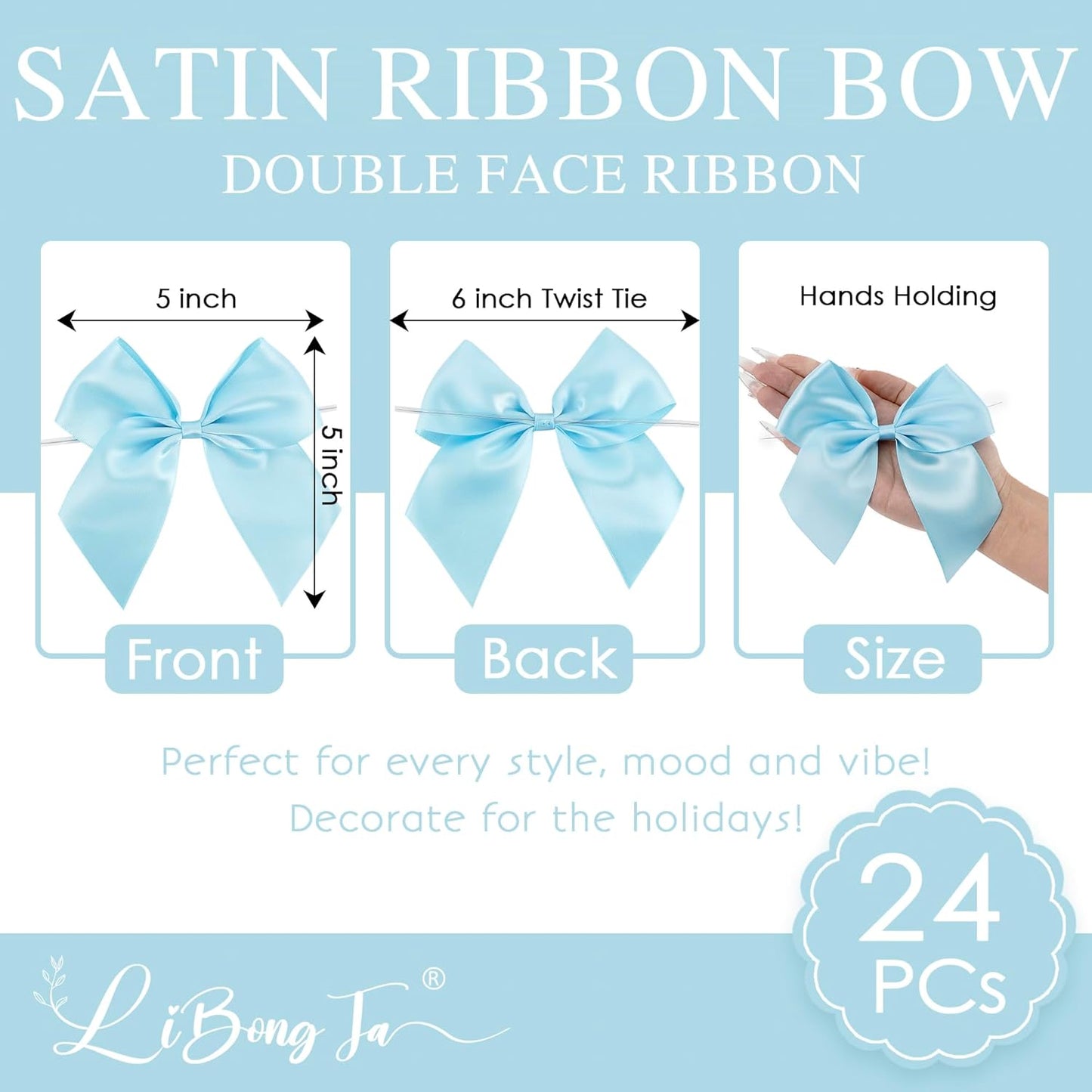 5'' Blue Bow Party Decorations Satin Bows, Twist Tie Bows for Treat Bags, Cake Pops, Pre-Tied Bow Premade Ribbon Bows for Crafts, Holiday Bows for Gift Wrapping, Wedding Decor-24 Counts