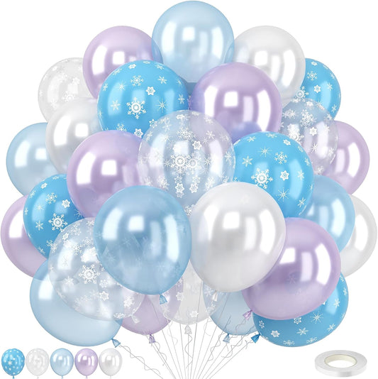 Pearl Purple and Blue Balloons 50pcs, Winter Wonderland Pearl Purple Blue White Iridescent Balloons with Snowflake Balloon for Girls Kids Ice Snow Theme Party Birthday Winter Baby Shower Decorations