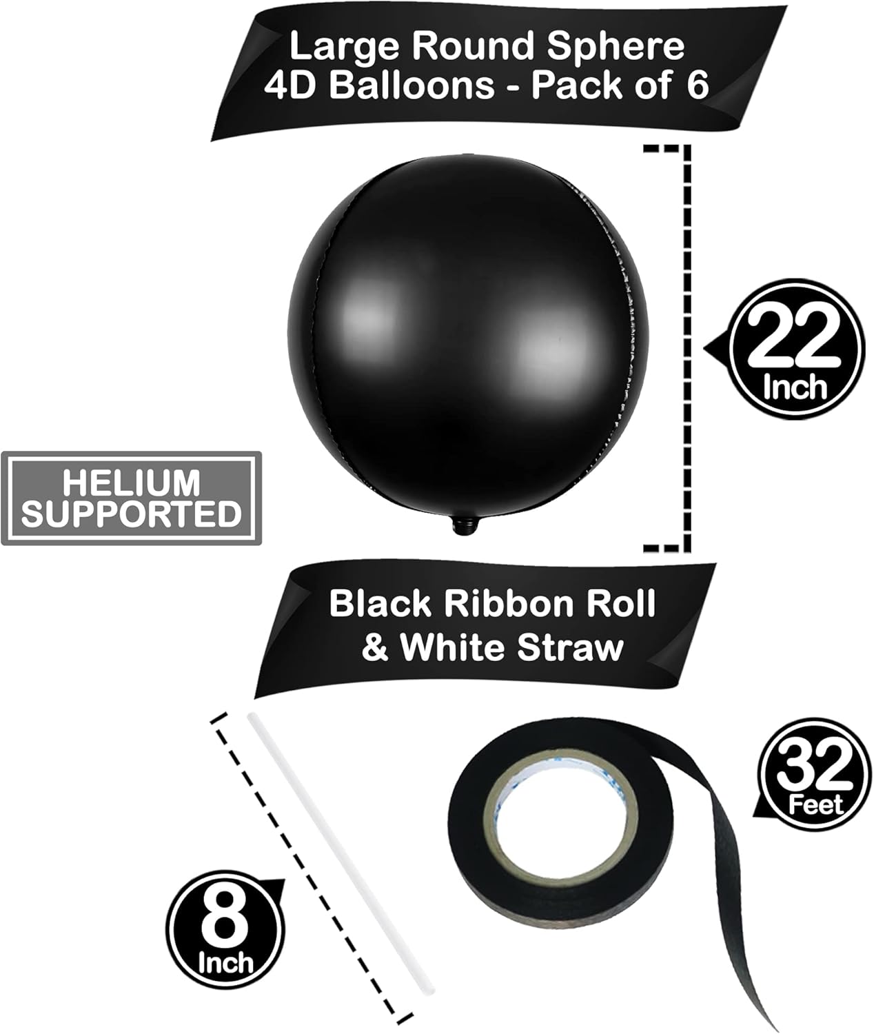KatchOn, Big Matte Black Foil Balloons - 22 Inch, Pack of 6 | 4D Metallic Black Balloons for Halloween, Birthday Decorations | Black Metallic Balloon, Round Foil Balloons for New Year, Anniversary