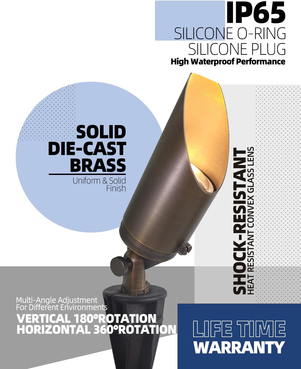 MALORY Brass Landscape Spotlight 10-Pack with 5W LED MR16 Bulb(S03), 12V AC/DC Low Voltage Outdoor Landscape Lighting Shroud Adjustable,Ground Stake and Wire Connector Included,2700K Warm White