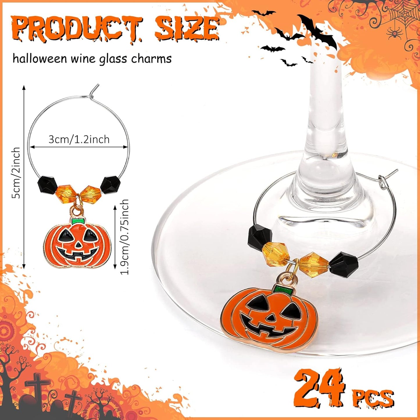 Inbagi 24 Pcs Halloween Wine Glass Charms Halloween Enamel Wine Charms Pendant Pumpkin Witch Hat Broomstick Mummy Castle Glass Markers Drink Identifier for Stem Halloweens Birthday Party Supply