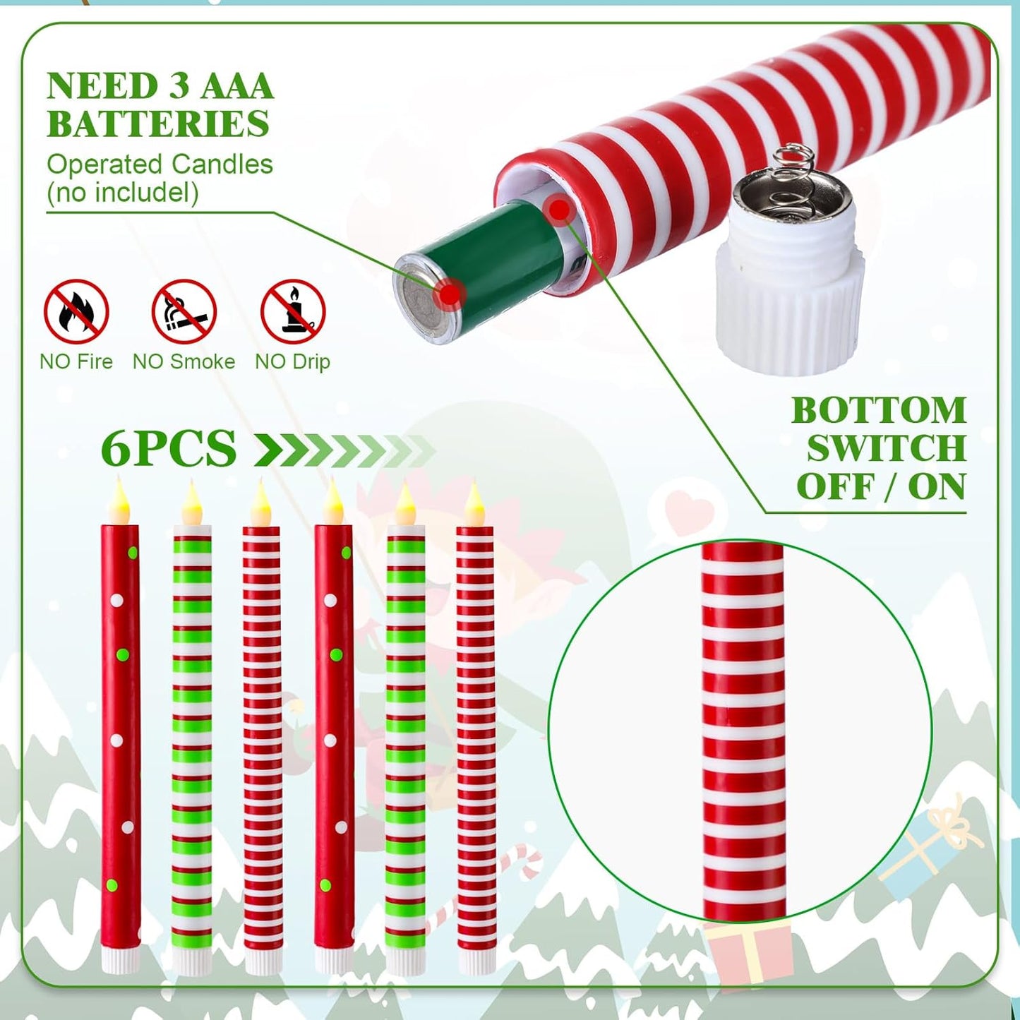 6 Pcs Christmas Flameless Taper Candles 10.6 Inch Red Green and White Striped Dots Candles Battery Operated LED Christmas Candlesticks for Xmas Centerpiece Holiday Party Decor