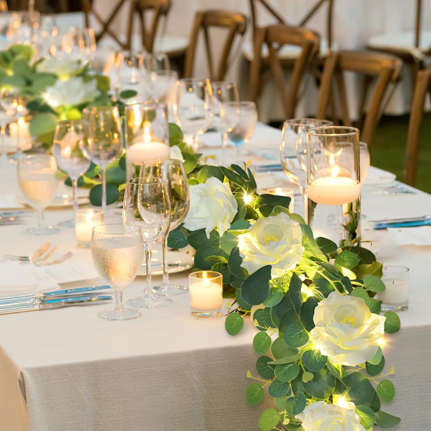 MACTING 6.6FT Flower Garland with Lights Fake Gypsophila Eucalyptus Garland with 12 White Roses Artificial Floral Greenery Vine for Wedding Arch Table Centerpieces Backdrop Party Summer Decorations