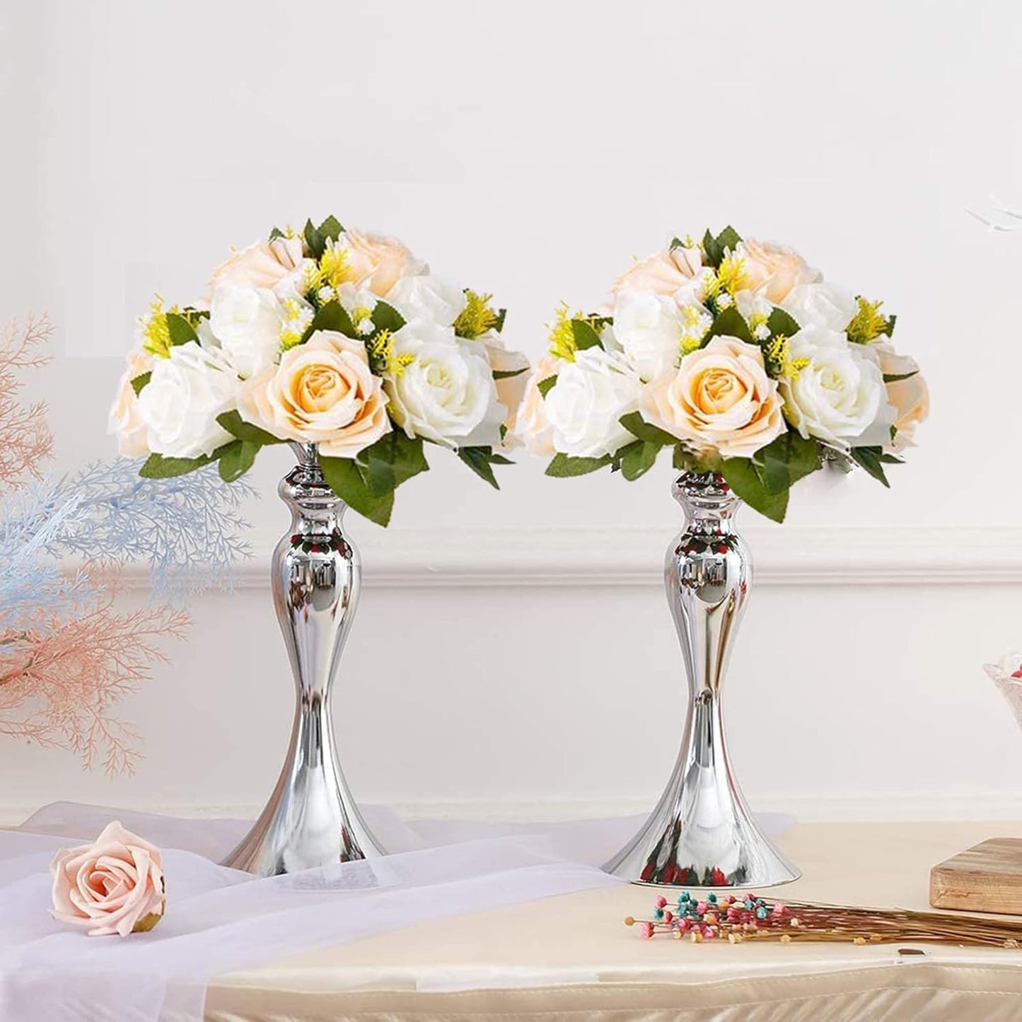Flower Balls Wedding Rose Centerpieces: 2 Pcs Fake Flowers with Base Kissing Balls Decor Champagne White Artificial Floral Arrangements Flower Bouquet of Roses Home Party Table DIY Decorationss