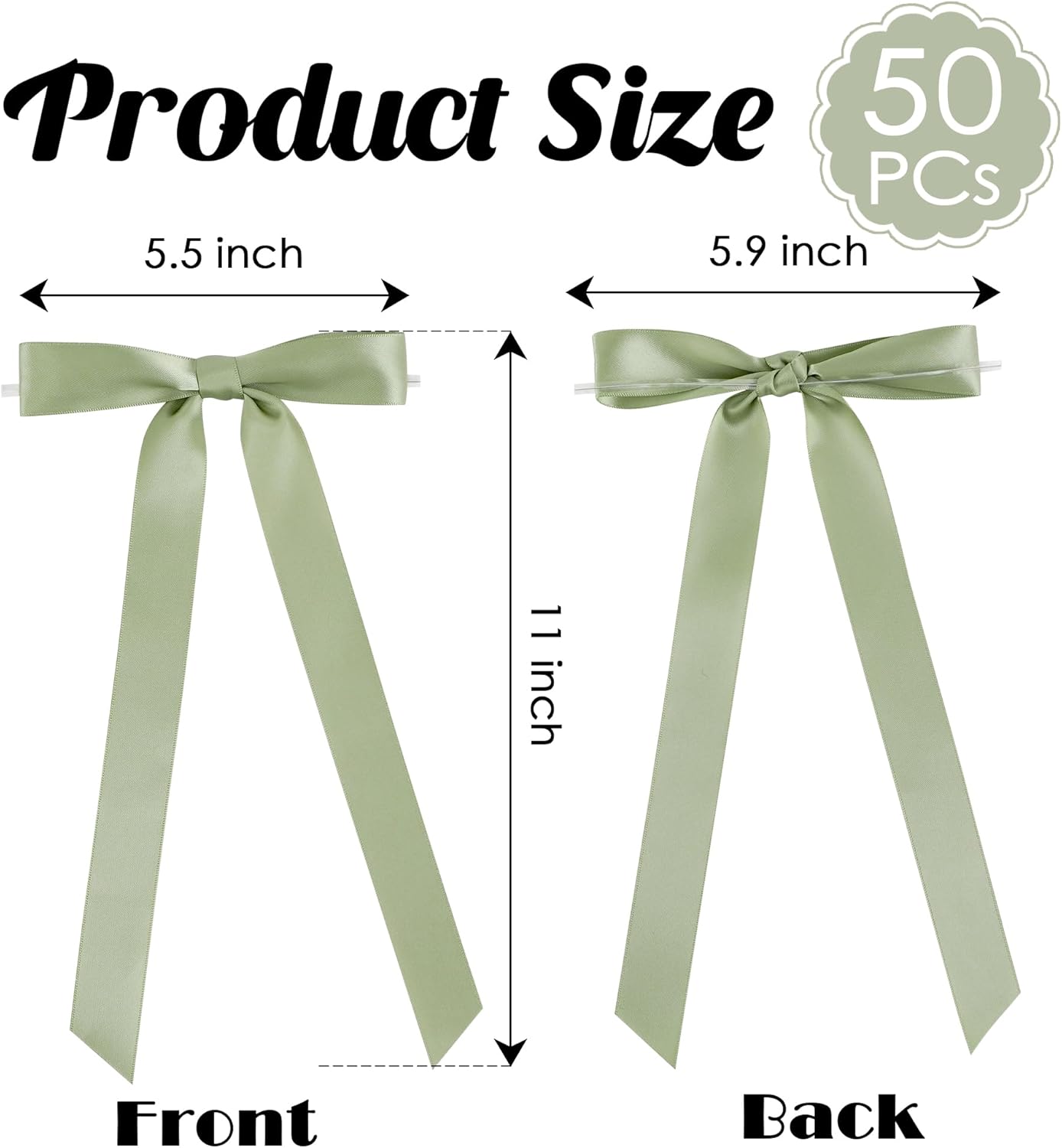 50 PCs Sage Green Bow Decor 5.5'' Satin Bows with Long Tail, Twist Tie Bows for Craft, Packaging Ribbon Bows, Premade Bows for Cake Decorating, Gift Bows for Treat, Wedding Favor, Party