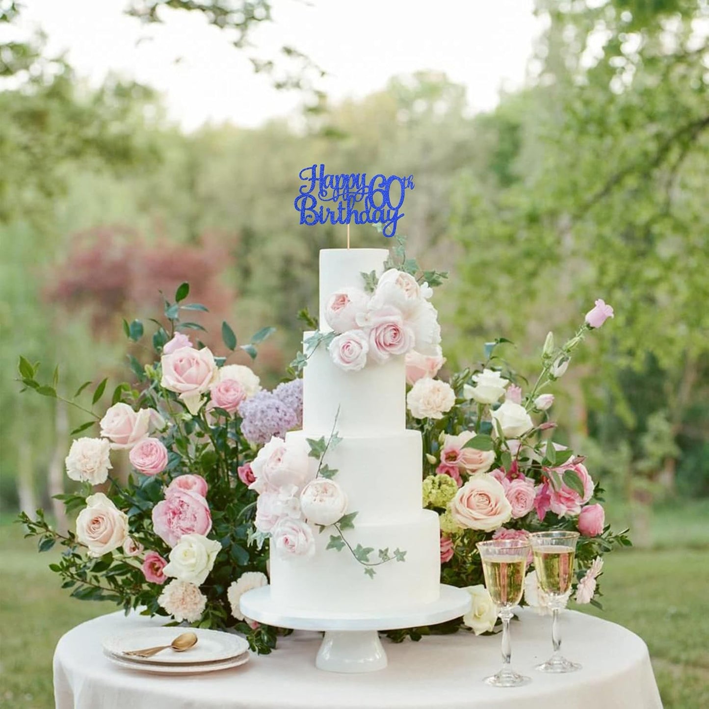 1 PCS Happy 60th Birthday Cake Topper Glitter Cheers to 60 Years Birthday Cake Pick 60 Fabulous Cake Decoration for Happy 60th Birthday Anniversary Party Decorations Supplies Blue