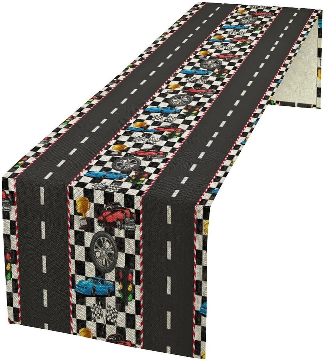 Race Car Table Runner,Checkered Flag Black and White Race Cars Pattern Print Tablecloth Burlap for Hotel Indoors Outdoor Dining Room Kitchen Home Decor,W13X L90 in