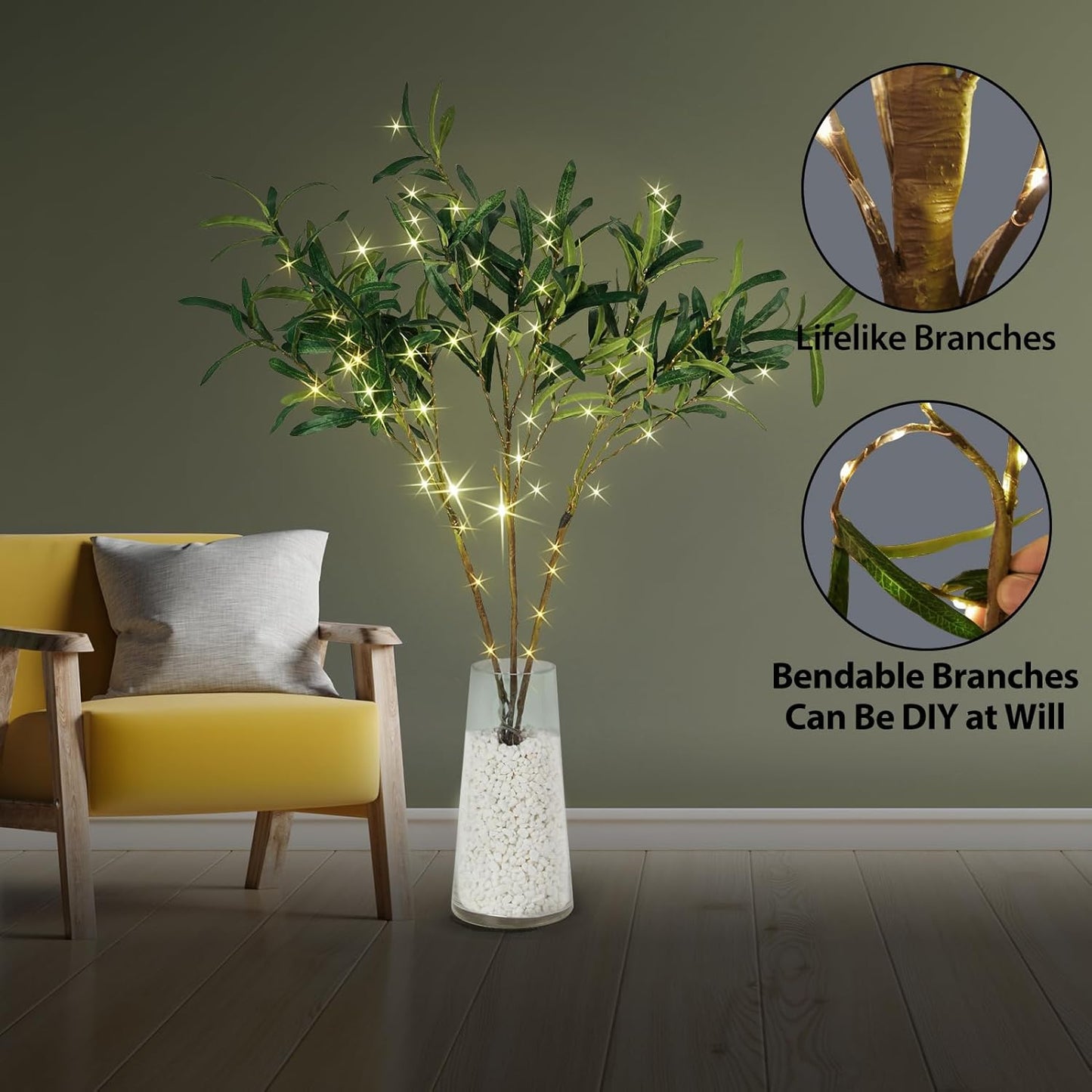 Bexdir Lighted Olive Branches with Timer, Lighted Branches 33IN 99 LED, Artificial Light, Olive Night Light, Artificial Plant for Home Spring Christmas Party Wedding Decor-Battery Operated