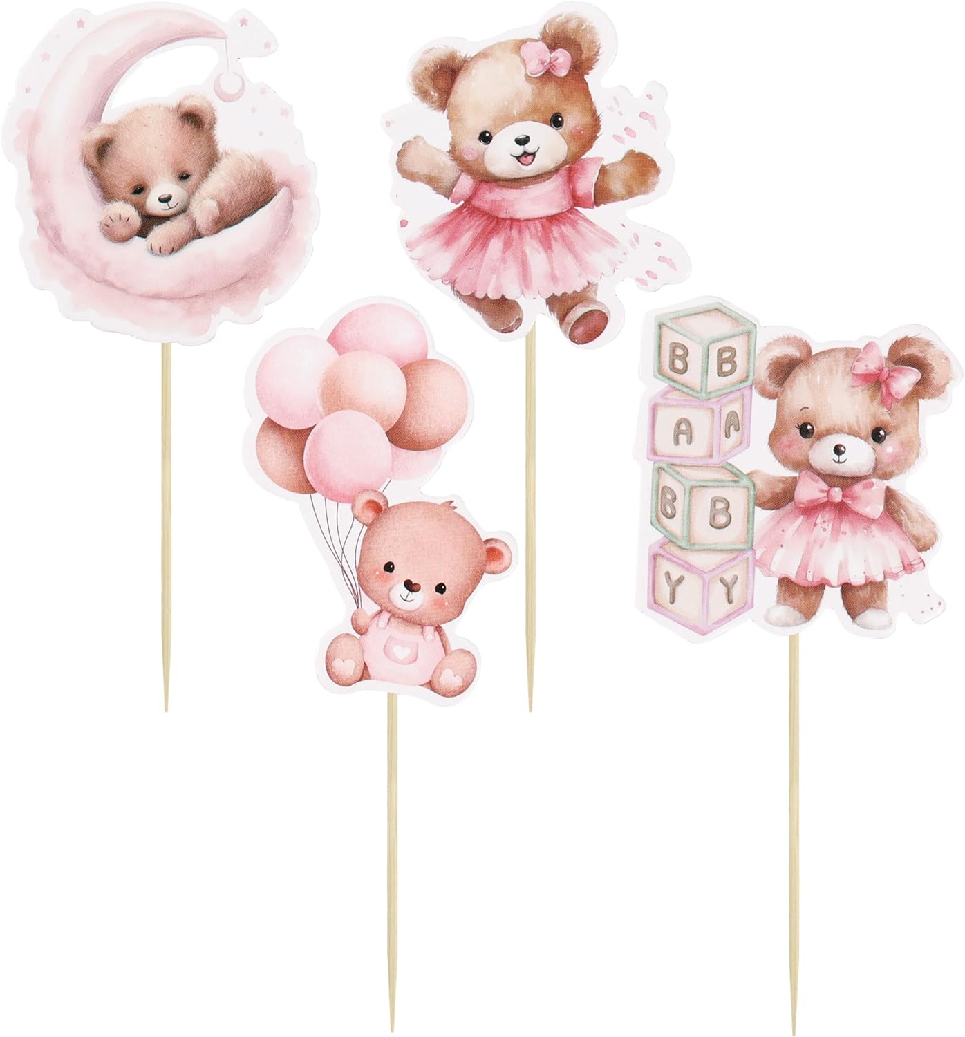 Gyufise 32Pcs Baby Shower Bear Cupcake Toppers Moon Baby Bear Baby Shower Cake Topper Decorations Jungle Animal Theme Birthday Party Cake Supplies Pink