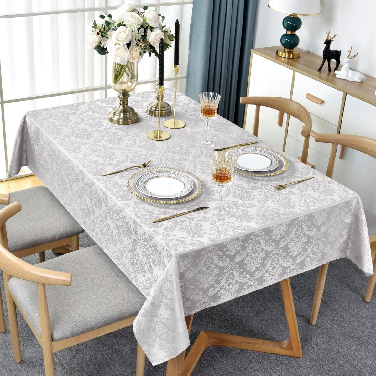 SASTYBALE Rectangle Tablecloth - 60 x 84 Inch Gray Damask Table Cloth Jacquard Design Spill Proof Wrinkle Resistant Water Resistant Soft Polyester Oblong Table Cover for Kitchen Parties Tabletop