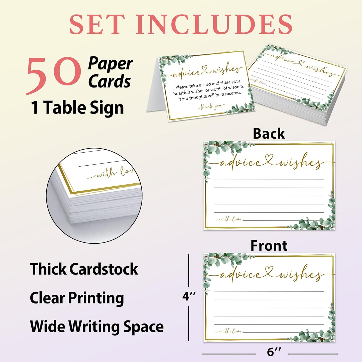 50 Advice and Wishes Cards, Double Sided Fill-In Advice Cards For Bridal, Wedding, Graduate Party, Mr & Mrs, Retirement, Baby Shower, Party Favor & Supplies, 4x6 inches Eucalyptus -A06