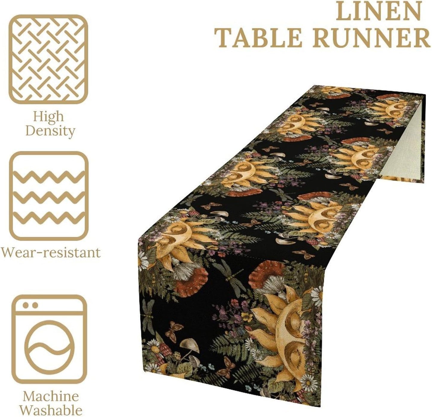 Sun Moon Table Runner, Bohomian Mushroom Daisy Table Gothic Dragonly Butterfly Table Center Decor Table Runner for Indoor Outdoor Party Kitchen Dinner Black, 13x70 Inch