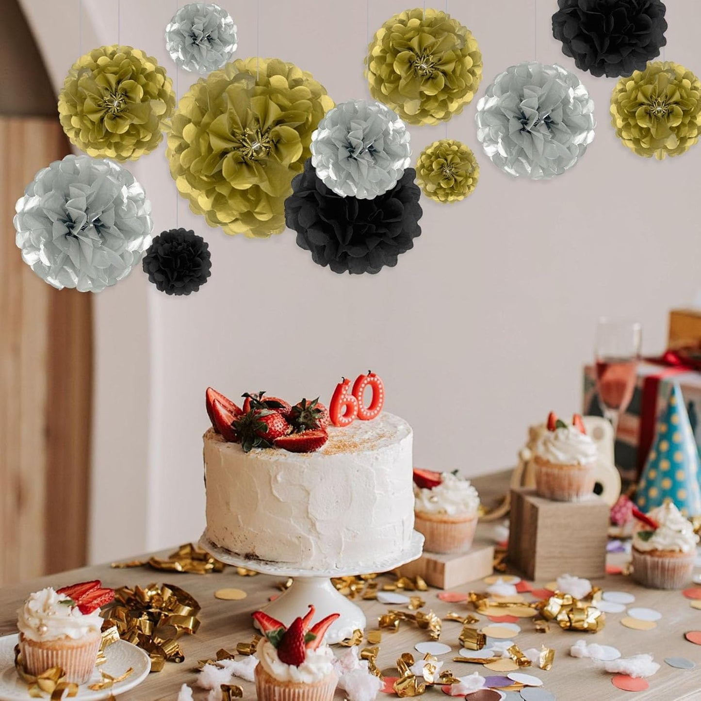 Tissue Paper Pom Poms, Black Gold Silver Tissue Paper Flowers, Hanging Flower Balls for Weddings Fiesta Parties Birthday Baby Showers Classroom Bridal Shower Decoration (18Piece Set-6/10/12/14Inch)