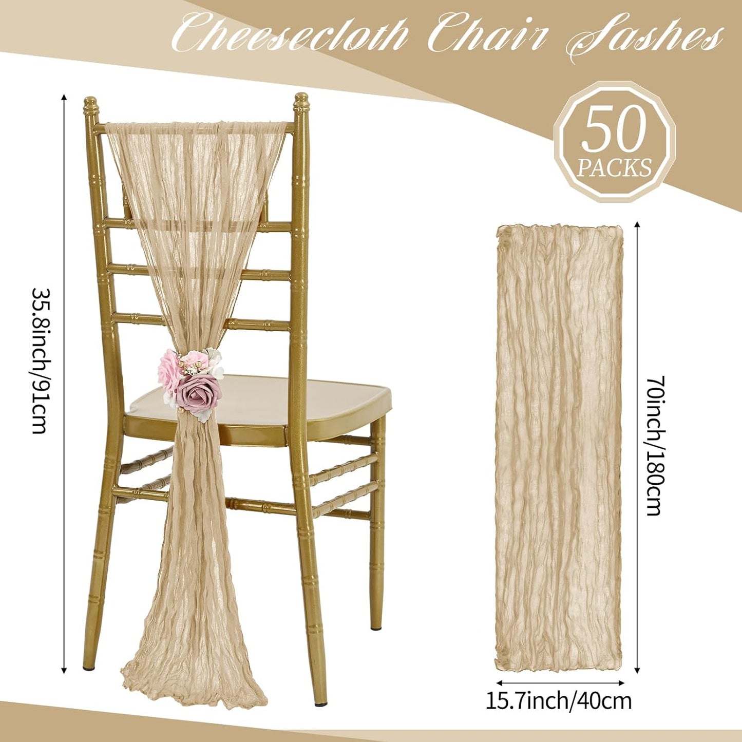 50 PCS Cheesecloth Chair Sashes, Bows Designed ChairSashes, 15.7x70 inch Chair Sashes for Aisle Decorations Universal Chairs Cover Decoration for Wedding Reception Party Banquet (Beige)