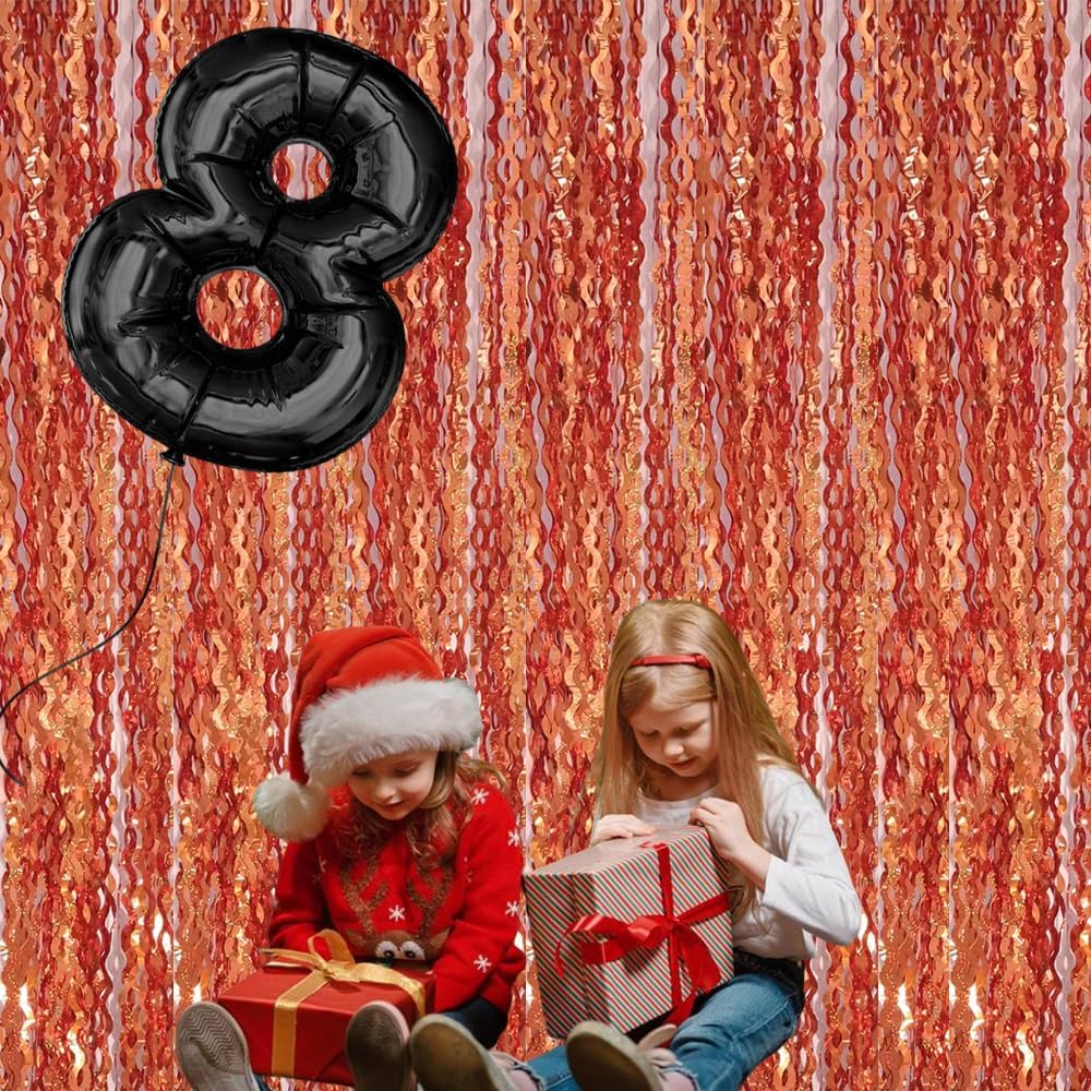 4 Pack 3.3x6.6ft Wavy Orange Foil Fringe Backdrop Curtains -Tinsel Streamers Metallic Foil Fringe Backdrop Door for Halloween, Graduation,Baby Shower,Gender Reveal