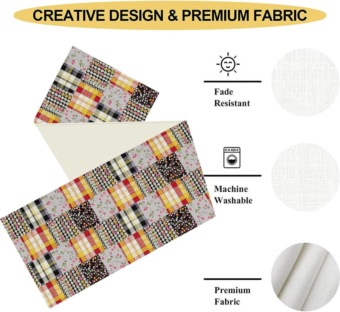 Patchwork Table Runner, Boho Vintage Floral Checkered Plaid Bohemian Paisley Flower Farmhouse Table Center Decor for Home Kitchen Dining Patio Holiday Party Indoor Table Decorations, 13"x108" Inch