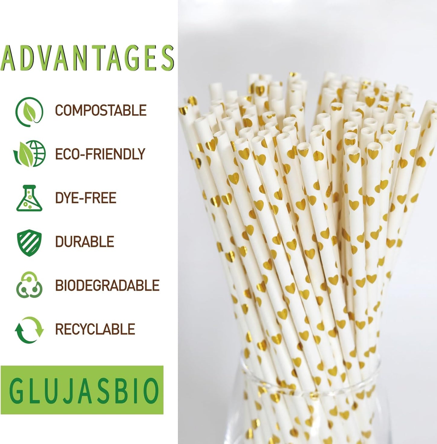 Gold Paper Straws - Biodegradable Disposable Drinking Straws for Party, Birthday, Wedding, Celebrations, Gold Foil Heart, 7.75 Inch 100 Bulk Straws