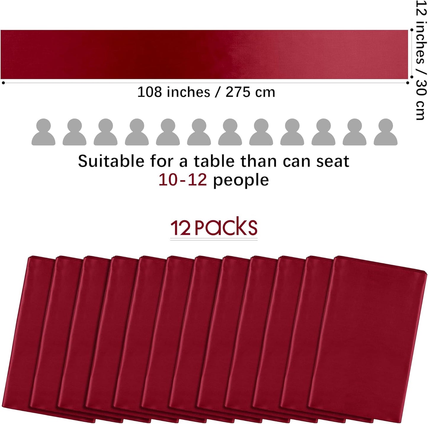 Aneco 12 Pack Satin Table Runner 12 x 108 Inch Burgundy Long Wedding Satin Silk Table Runner for Wedding Banquet Graduations Birthday Party Decoration