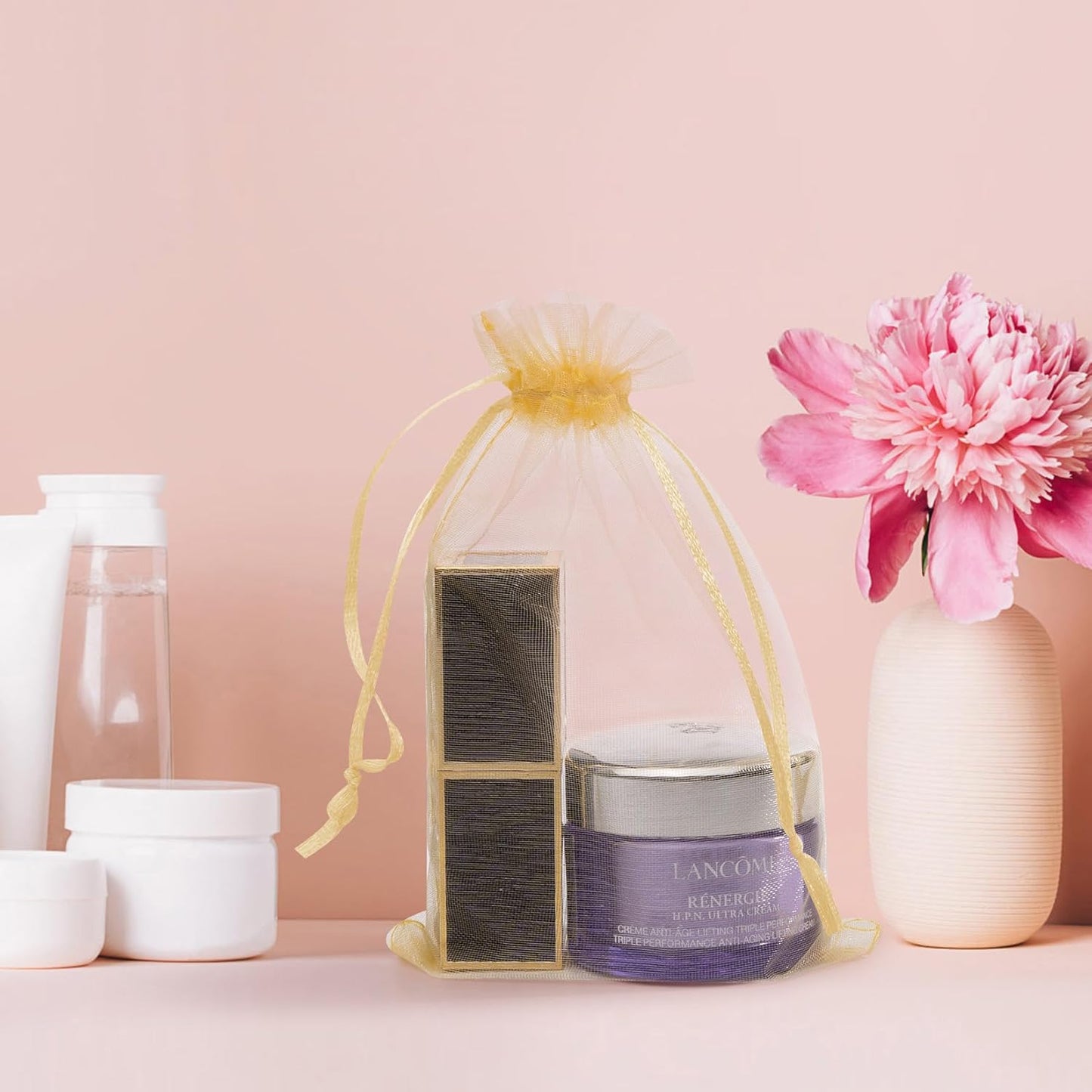 Organza Bags 3x4 Inch 50 Packs Small Mesh Gift Bags Drawstring Sachet Bags for Party Favor Wedding Baby Shower(Gold)