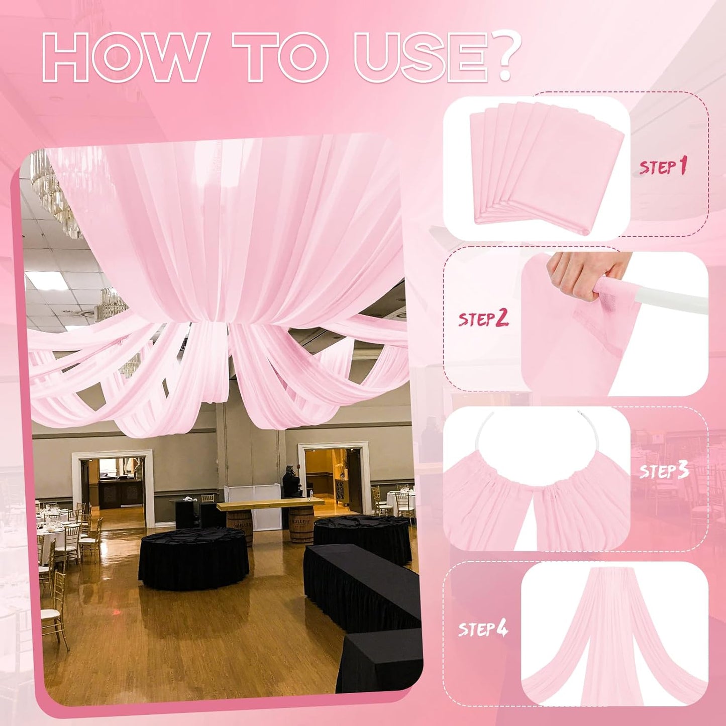 6 Panels Pink Ceiling Drapes for Wedding 5ftx30ft Ceiling Drapes Wedding Arch Draping Fabric Cheesecloth Sheer Curtain Romantic Ceiling Decorations for Weddings Party Banquet Ceremony Stage