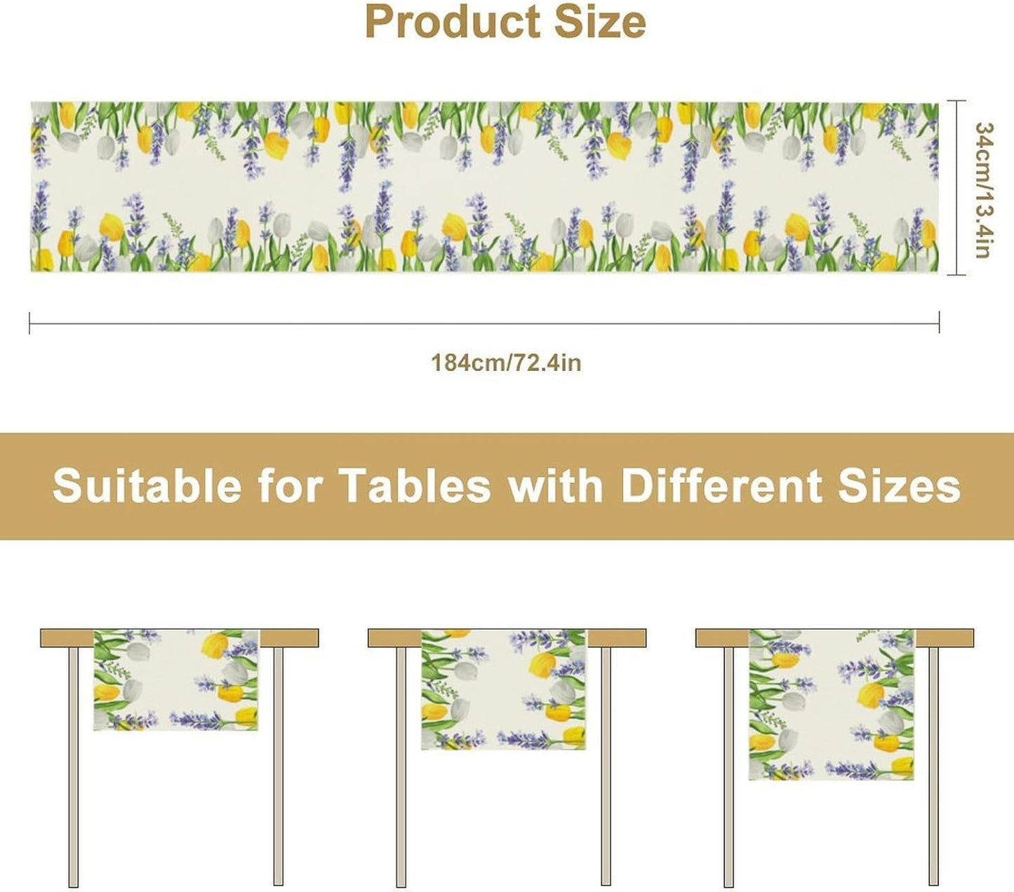 Floral Tulip Lavender Table Runner, Spring Watercolor Flower Plants Nature Butterfly Table Runner for Kitchen Dinner Living Room Home Party, 13x70 Inch
